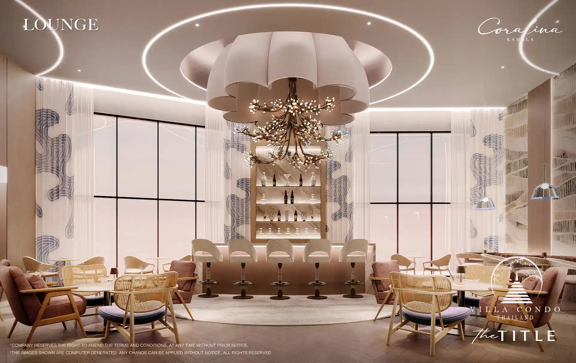 The Title Coralina Condo Kamala elegant lounge bar with chandelier