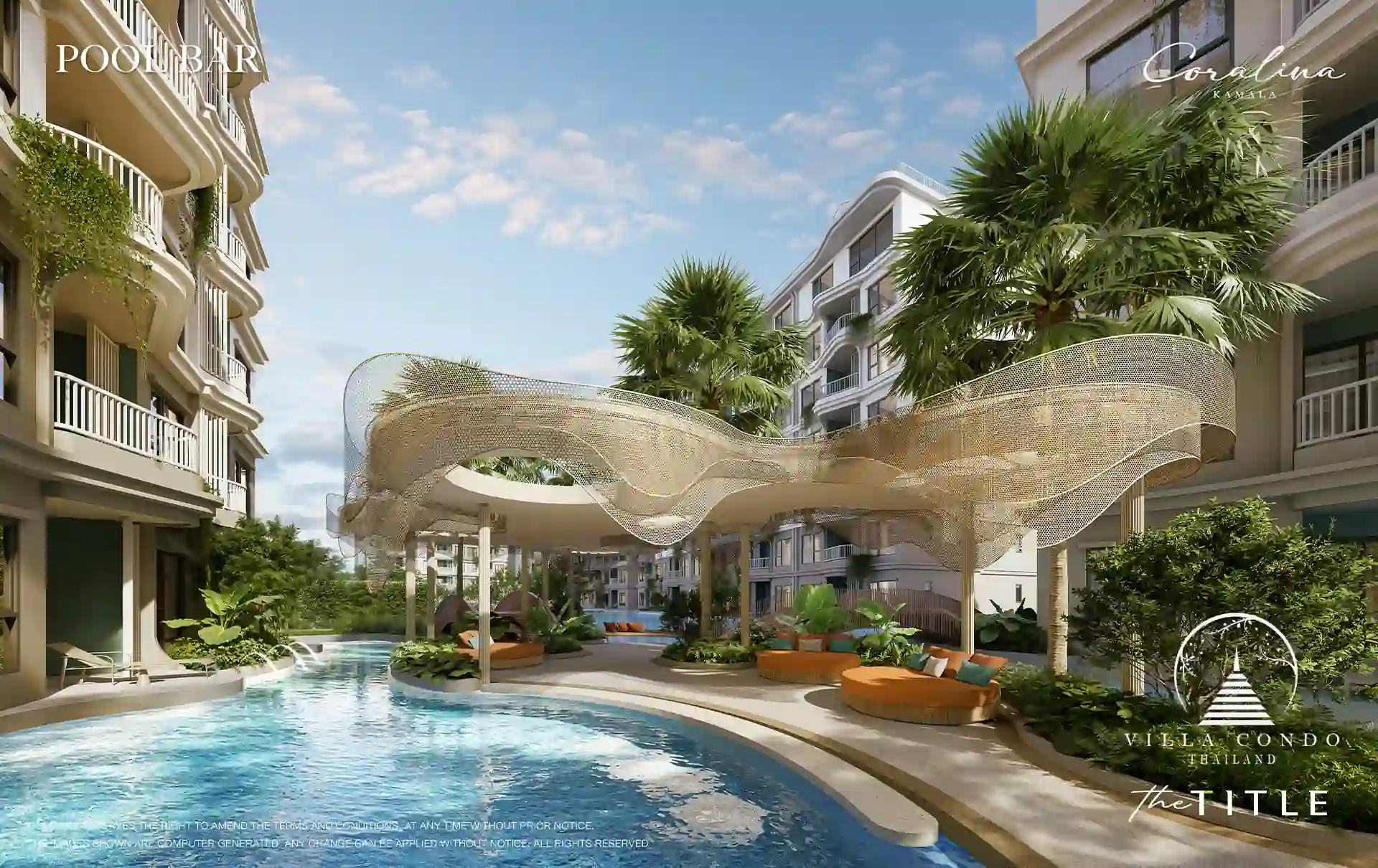 The Title Coralina Condo Kamala pool bar canopy with tropical landscaping