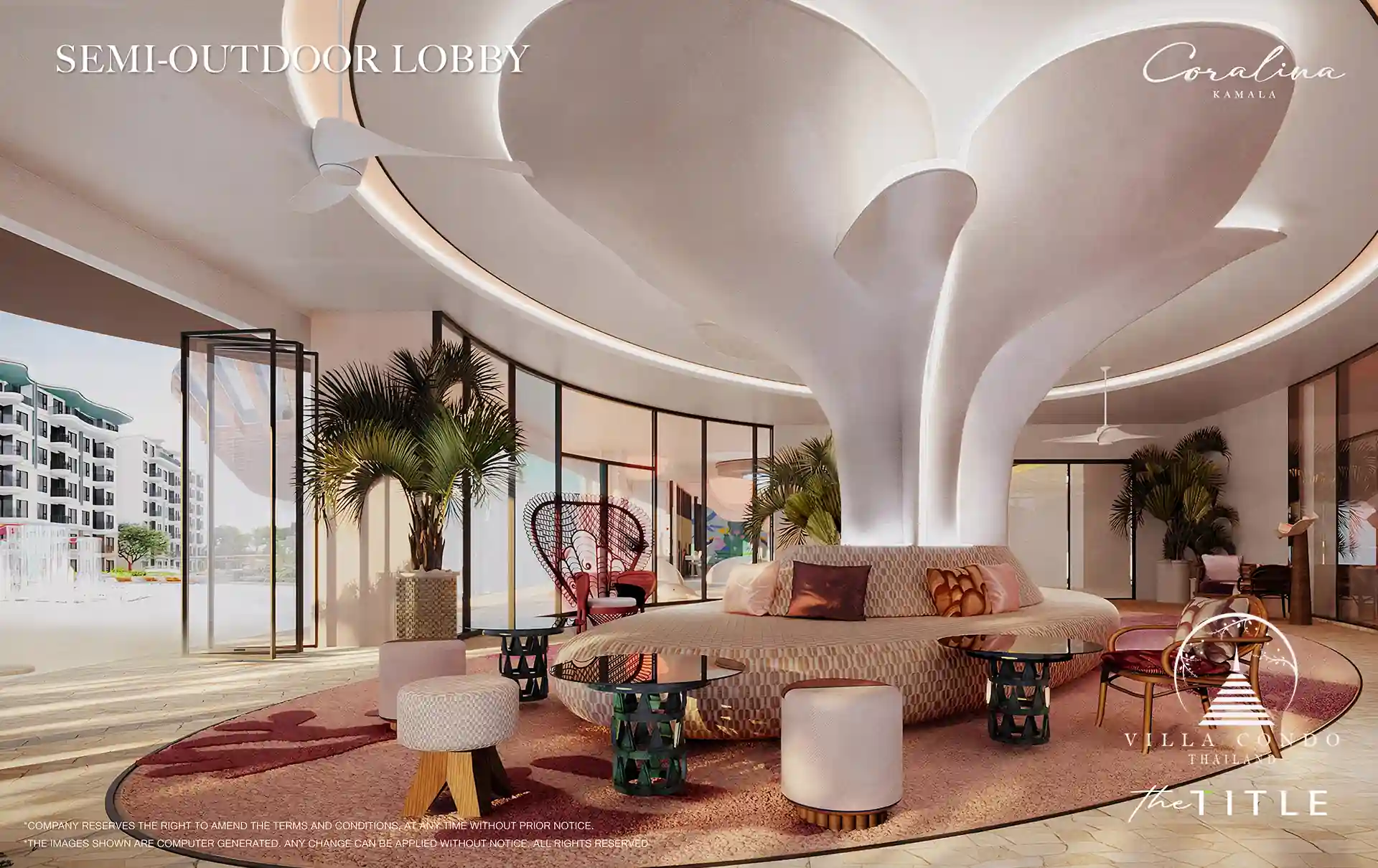 The Title Coralina Condo Kamala semi-outdoor lobby with sculpted column