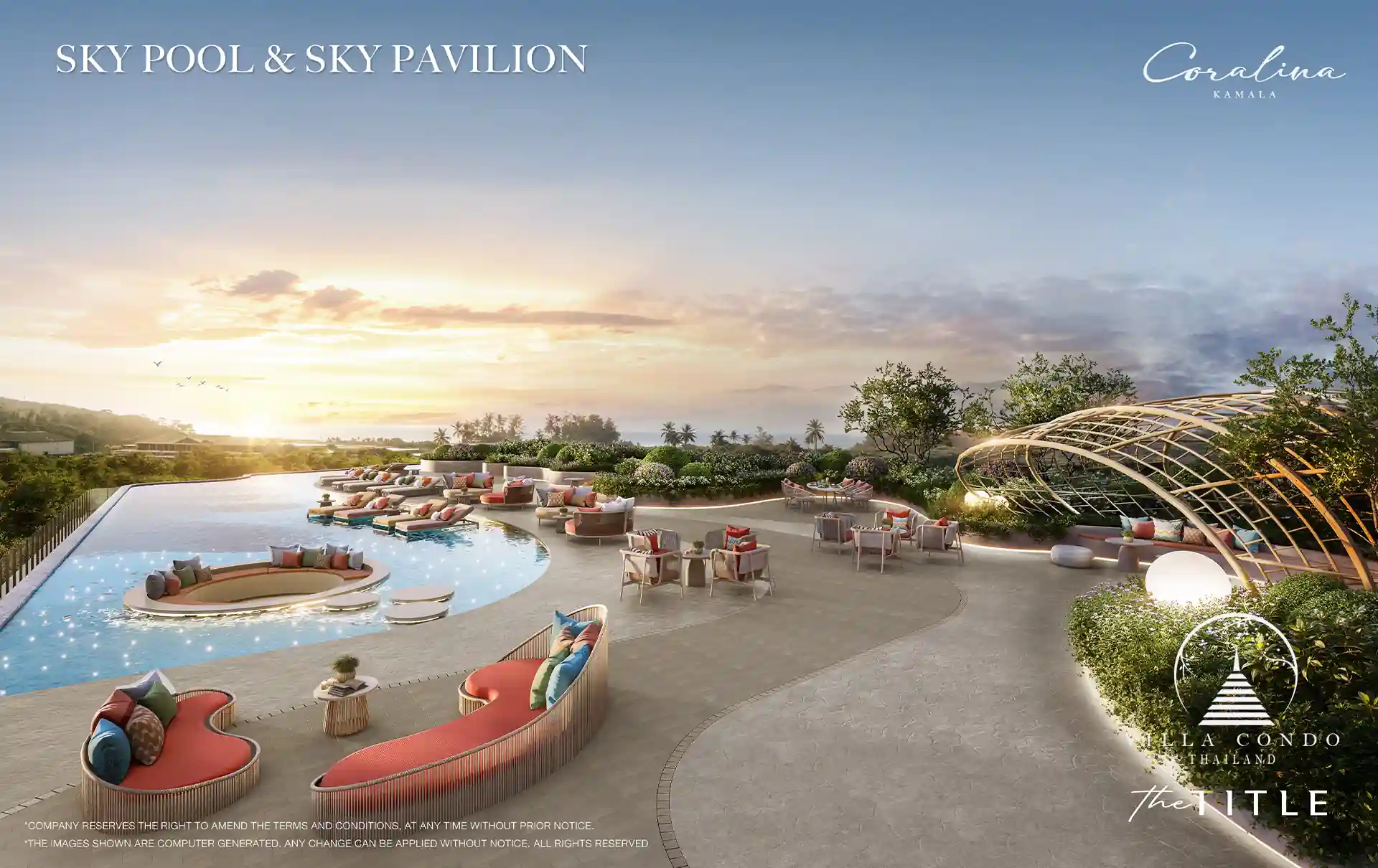 The Title Coralina Condo Kamala sky pool and pavilion sunset view
