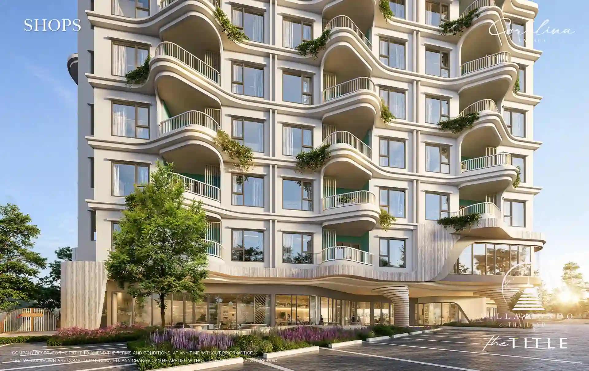 The Title Coralina Condo Kamala streetfront shops beneath curved balconies